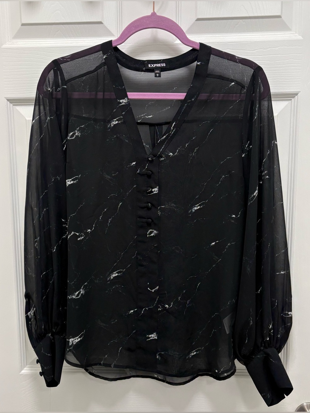 Express Black Sheer Marble-Print Blouse